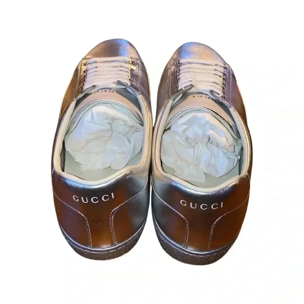 NIB Gucci Nappa Ace Metallic Silver GG Leather Sneaker Size G8.5, US9.5 - Picture 3 of 7